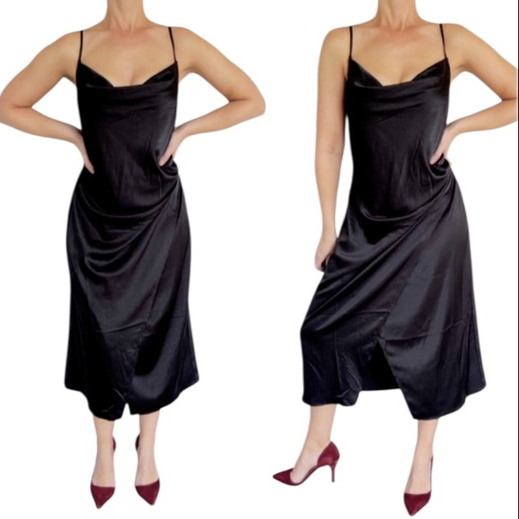 Lulus Dresses & Skirts - Lulus black satin spaghetti strap cowl neck midi length wrap slit dress XL